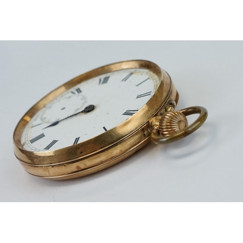 382 - 14ct yellow gold open faced top wind pocket watch with white enamel dial and seconds dial, black rom... 