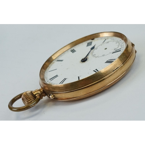 382 - 14ct yellow gold open faced top wind pocket watch with white enamel dial and seconds dial, black rom... 