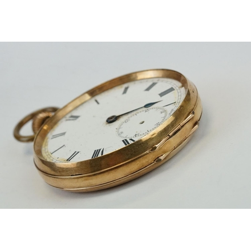 382 - 14ct yellow gold open faced top wind pocket watch with white enamel dial and seconds dial, black rom... 