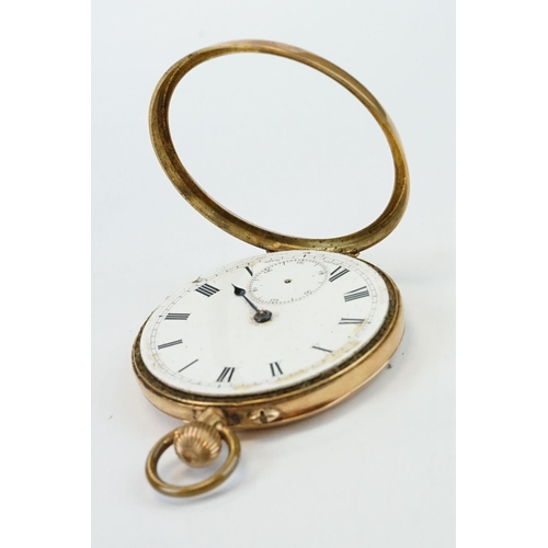 382 - 14ct yellow gold open faced top wind pocket watch with white enamel dial and seconds dial, black rom... 