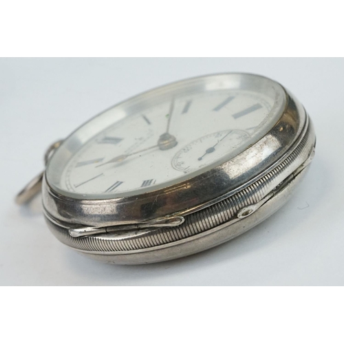 383 - Two early 20th century silver open faced key wind pocket watches with engine turned cases and blank ... 