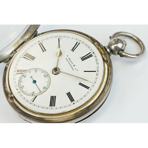 383 - Two early 20th century silver open faced key wind pocket watches with engine turned cases and blank ... 