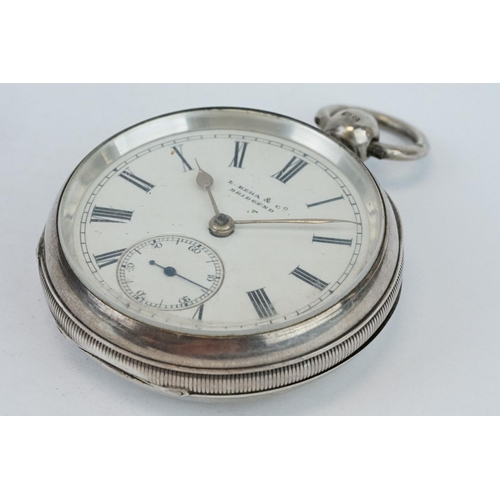 383 - Two early 20th century silver open faced key wind pocket watches with engine turned cases and blank ... 