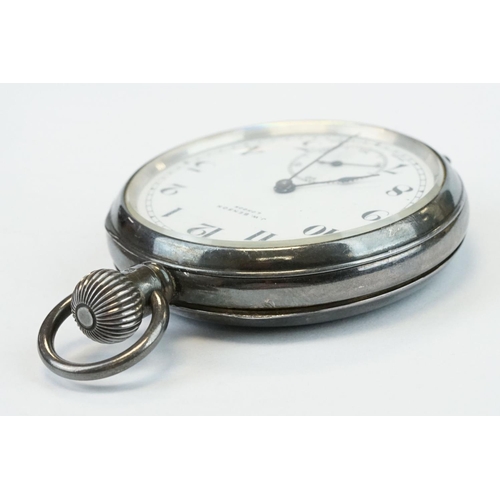 385 - J W Benson silver open face top wind pocket watch, white enamel dial and seconds dial, black Arabic ... 