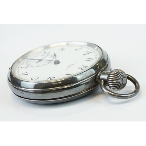 385 - J W Benson silver open face top wind pocket watch, white enamel dial and seconds dial, black Arabic ... 