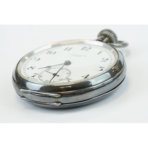 385 - J W Benson silver open face top wind pocket watch, white enamel dial and seconds dial, black Arabic ... 