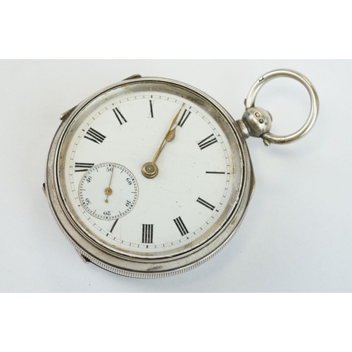 386 - Late Victorian silver open faced key wind pocket watch, Chester 1900, with white enamel dial and sec... 