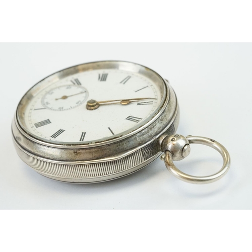 386 - Late Victorian silver open faced key wind pocket watch, Chester 1900, with white enamel dial and sec... 