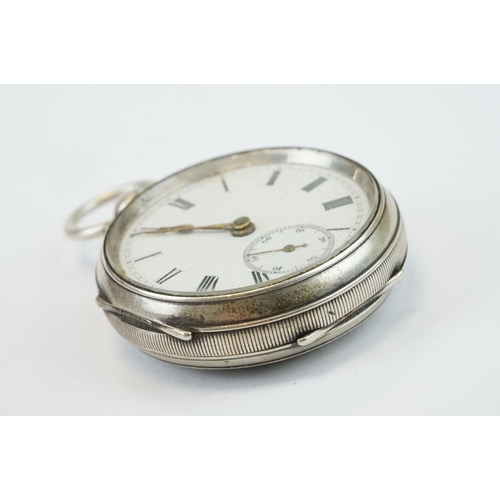 386 - Late Victorian silver open faced key wind pocket watch, Chester 1900, with white enamel dial and sec... 