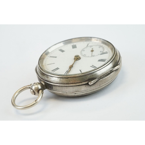 386 - Late Victorian silver open faced key wind pocket watch, Chester 1900, with white enamel dial and sec... 