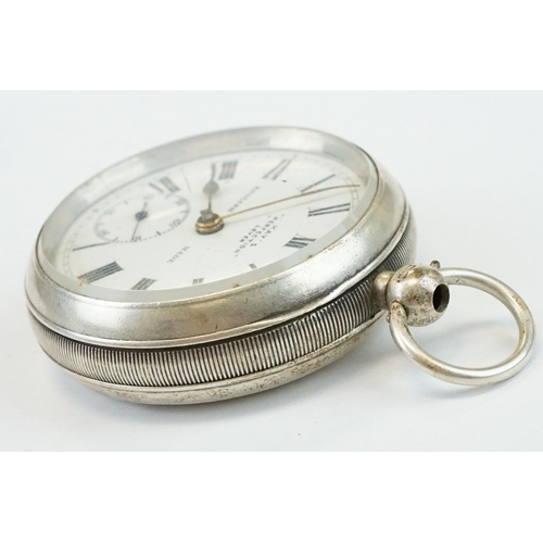 387 - 'Kay's Perfection Lever' silver open face key wind pocket watch, Birmingham 1911, with engine turned... 