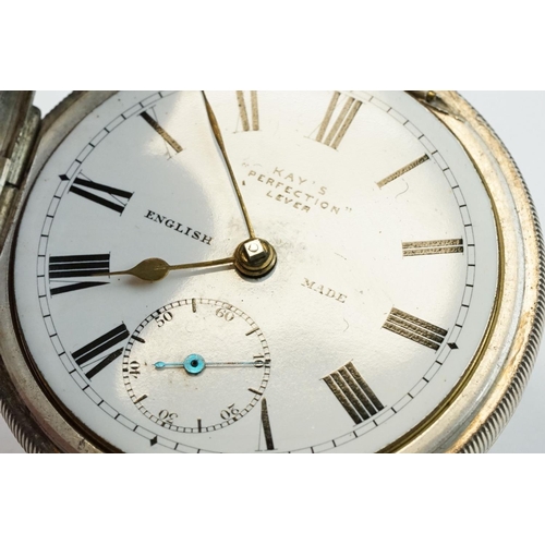 387 - 'Kay's Perfection Lever' silver open face key wind pocket watch, Birmingham 1911, with engine turned... 