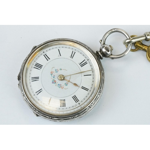 387A - Silver open face key wind fob watch with enamel dial, Roman numerals and an engraved case with blank... 