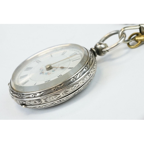 387A - Silver open face key wind fob watch with enamel dial, Roman numerals and an engraved case with blank... 