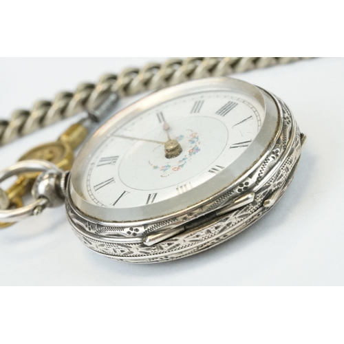 387A - Silver open face key wind fob watch with enamel dial, Roman numerals and an engraved case with blank... 