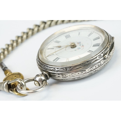 387A - Silver open face key wind fob watch with enamel dial, Roman numerals and an engraved case with blank... 