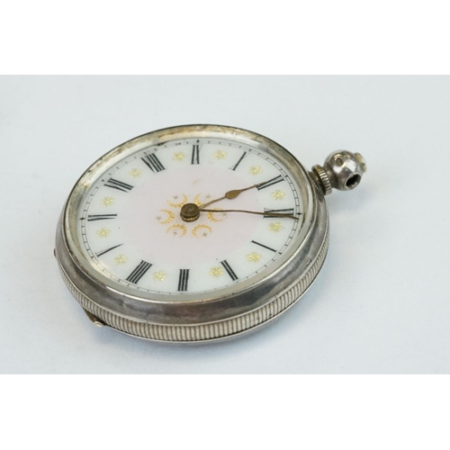 389A - Two silver fobs, a silver fob watch, an enamelled silver fob watch (af) and a late Victorian silver ... 