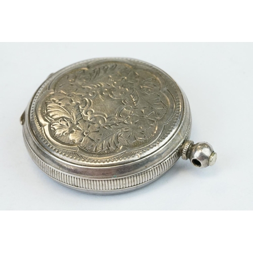 389A - Two silver fobs, a silver fob watch, an enamelled silver fob watch (af) and a late Victorian silver ... 