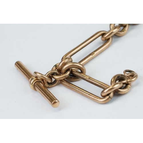 390 - 9ct Rose gold bar link albert watch chain, each link marked 9c and a 9ct rose gold toggle and T-bar,... 