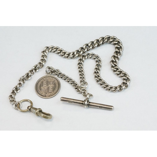 392 - Silver curb link albert watch chain, each link hallmarked, with toggle, silver hallmarked T-bar and ... 