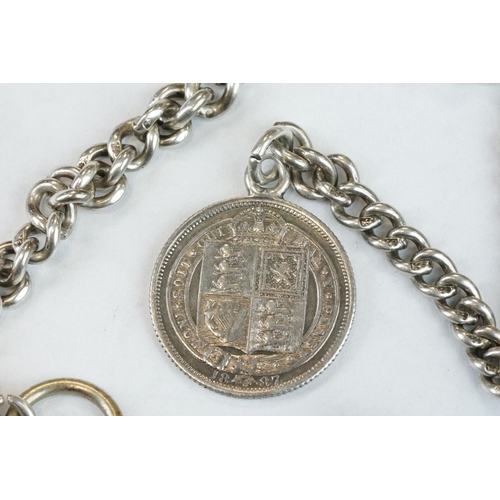 392 - Silver curb link albert watch chain, each link hallmarked, with toggle, silver hallmarked T-bar and ... 