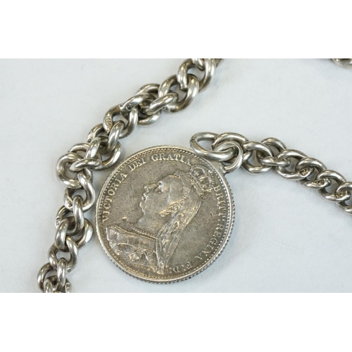 392 - Silver curb link albert watch chain, each link hallmarked, with toggle, silver hallmarked T-bar and ... 