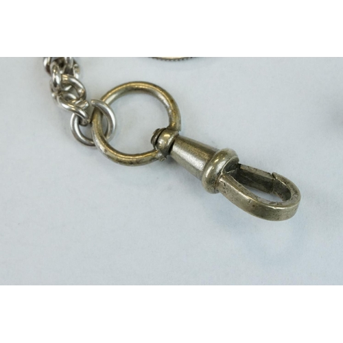 392 - Silver curb link albert watch chain, each link hallmarked, with toggle, silver hallmarked T-bar and ... 