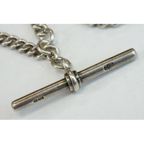 392 - Silver curb link albert watch chain, each link hallmarked, with toggle, silver hallmarked T-bar and ... 