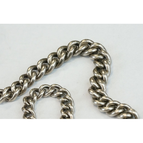 392 - Silver curb link albert watch chain, each link hallmarked, with toggle, silver hallmarked T-bar and ... 