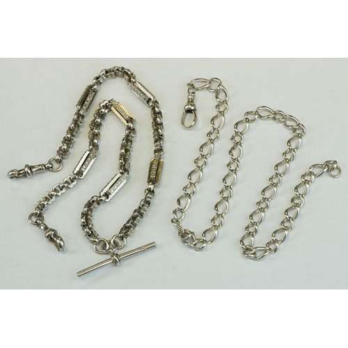 393 - Two Silver albert watch chains to include a silver curb link example, with clasp (stamped to each li... 