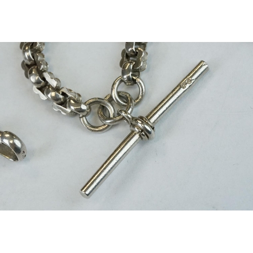 393 - Two Silver albert watch chains to include a silver curb link example, with clasp (stamped to each li... 