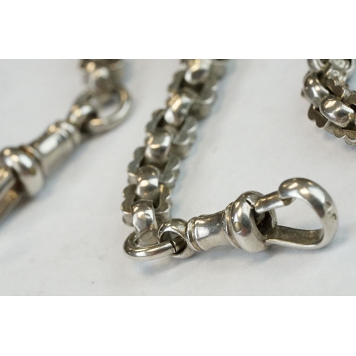 393 - Two Silver albert watch chains to include a silver curb link example, with clasp (stamped to each li... 