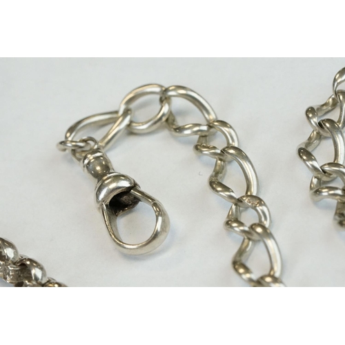 393 - Two Silver albert watch chains to include a silver curb link example, with clasp (stamped to each li... 