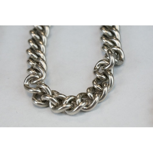 394 - Silver curb link albert watch chain, each link hallmarked, with silver hallmarked T-bar, silver hall... 