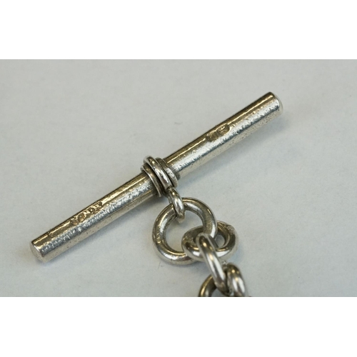 394 - Silver curb link albert watch chain, each link hallmarked, with silver hallmarked T-bar, silver hall... 