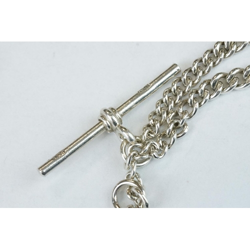 395 - Silver curb link albert watch chain, each link hallmarked, with 2 silver hallmarked clasps, silver h... 