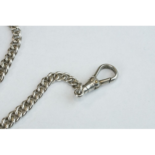 395 - Silver curb link albert watch chain, each link hallmarked, with 2 silver hallmarked clasps, silver h... 