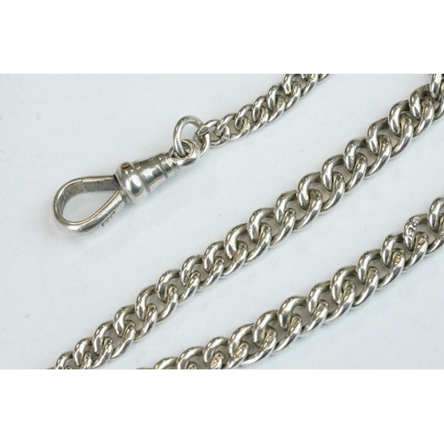 395 - Silver curb link albert watch chain, each link hallmarked, with 2 silver hallmarked clasps, silver h... 