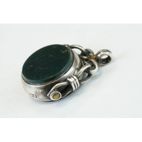 396 - Three Silver watch fobs, including 2 swivel fobs (Birmingham 1897 bloodstone & carnelian fob and a m... 