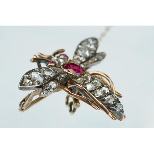 5 - 19th century ruby and diamond unmarked rose gold and silver brooch, the principal round mixed cut ru... 