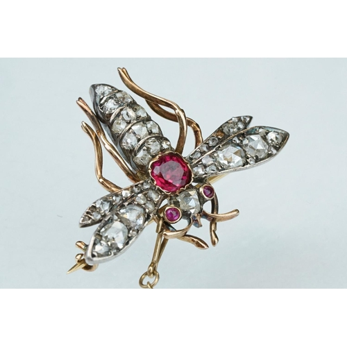 5 - 19th century ruby and diamond unmarked rose gold and silver brooch, the principal round mixed cut ru... 