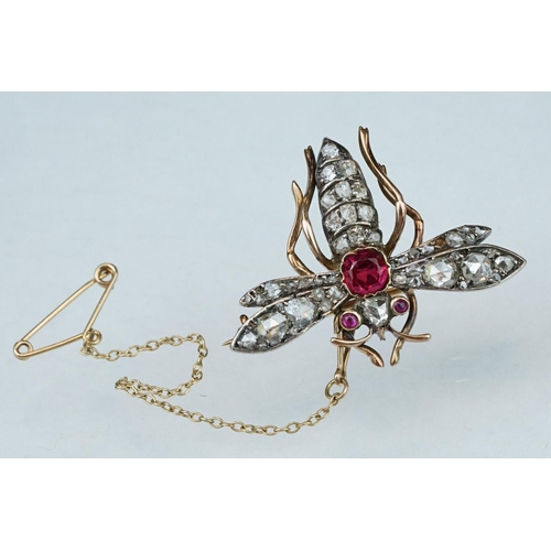 5 - 19th century ruby and diamond unmarked rose gold and silver brooch, the principal round mixed cut ru... 