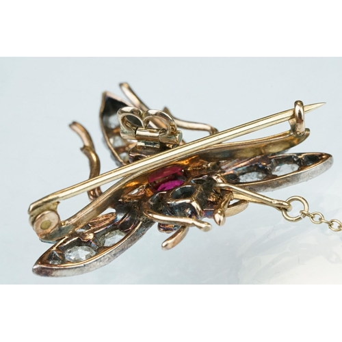 5 - 19th century ruby and diamond unmarked rose gold and silver brooch, the principal round mixed cut ru... 