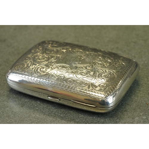 409 - Edwardian silver cigarette case, engraved foliate scroll decoration, engraved personalisation 