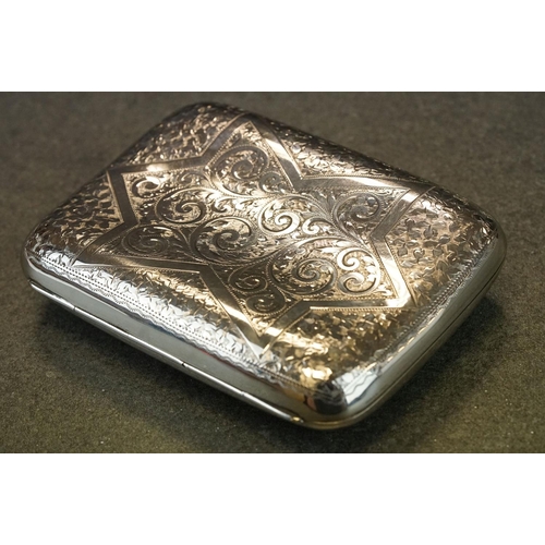 409 - Edwardian silver cigarette case, engraved foliate scroll decoration, engraved personalisation 