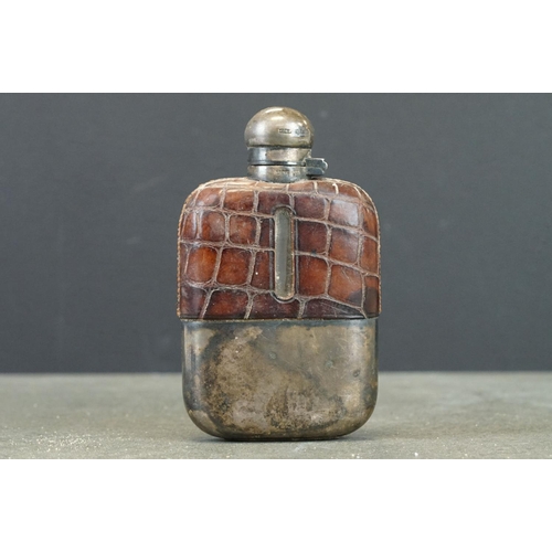 418 - Victorian crocodile leather and silver cased hip flask, plain polished removable silver case, silver... 