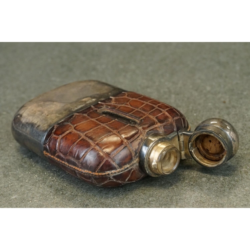 418 - Victorian crocodile leather and silver cased hip flask, plain polished removable silver case, silver... 