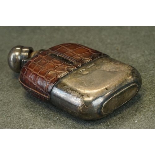 418 - Victorian crocodile leather and silver cased hip flask, plain polished removable silver case, silver... 