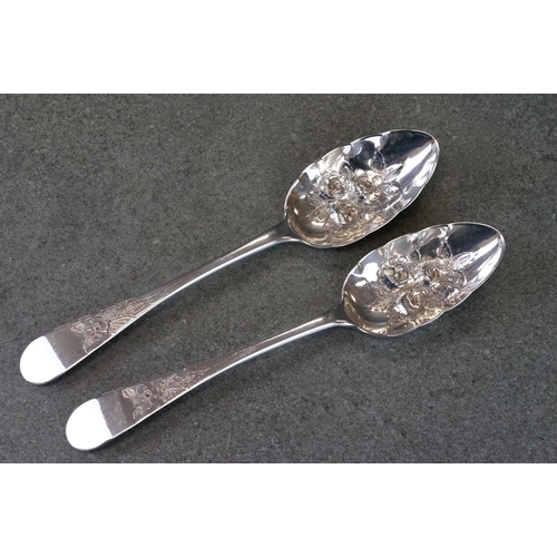 431 - Pair of George III Scottish silver spoons with later repoussé berry decoration to bowl and engraved ... 