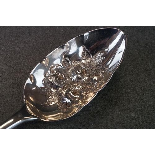 431 - Pair of George III Scottish silver spoons with later repoussé berry decoration to bowl and engraved ... 